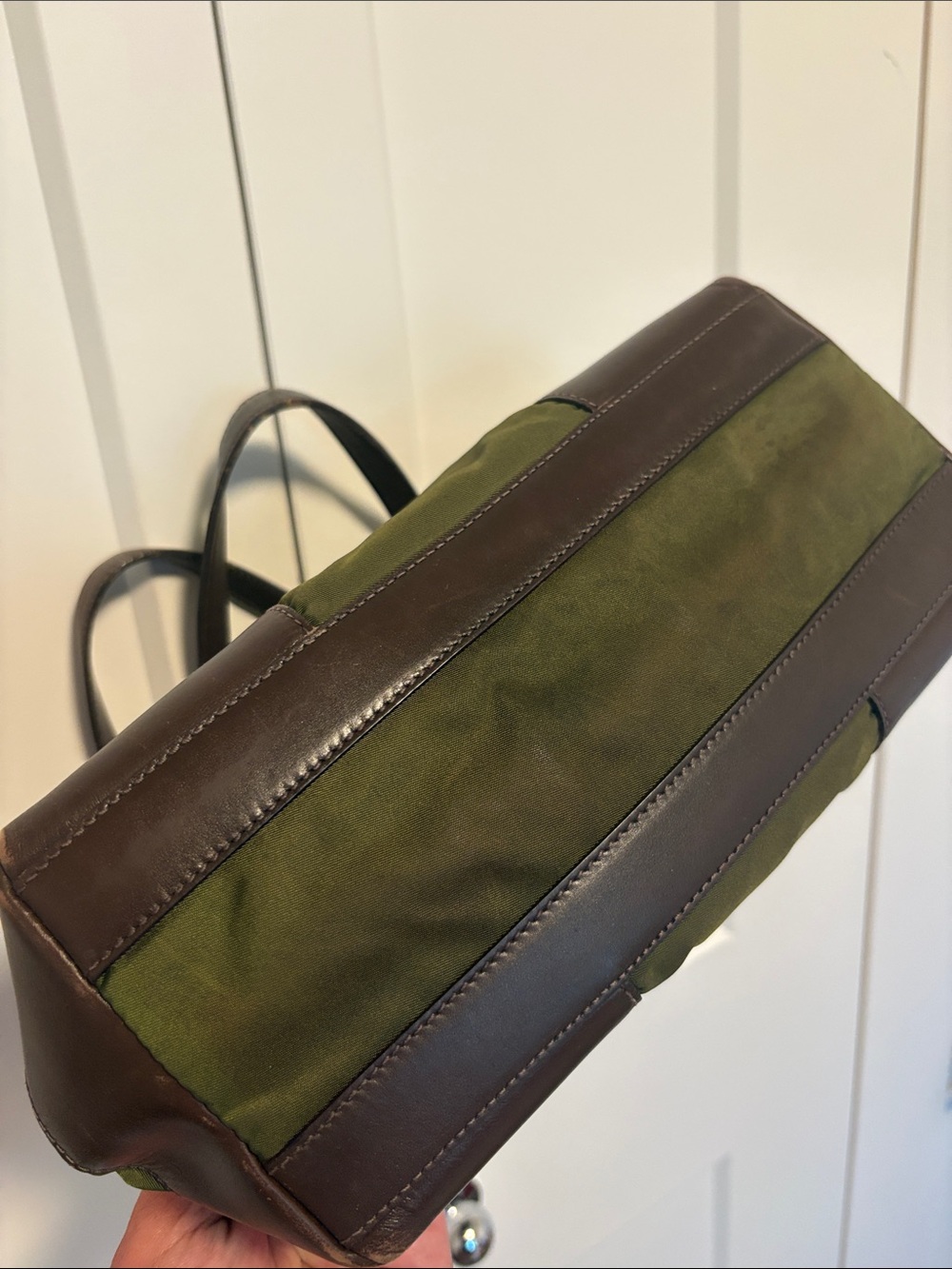 [Prada] Olive Green Nylon Shoulder Bag Handbag Purse Small Tote w/ Brown Leather - Picture 7 of 16